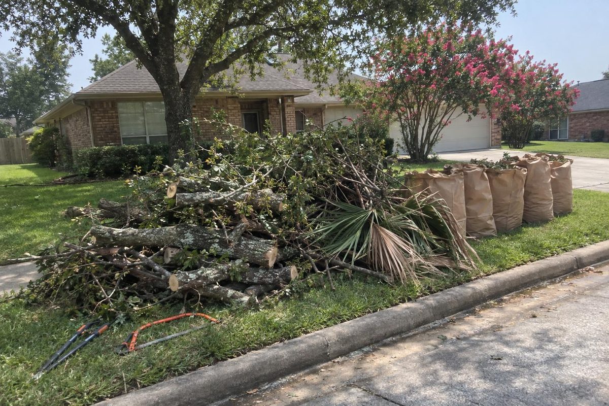 A pile of cut branches and bagged leaves at the curb in front of a brick house