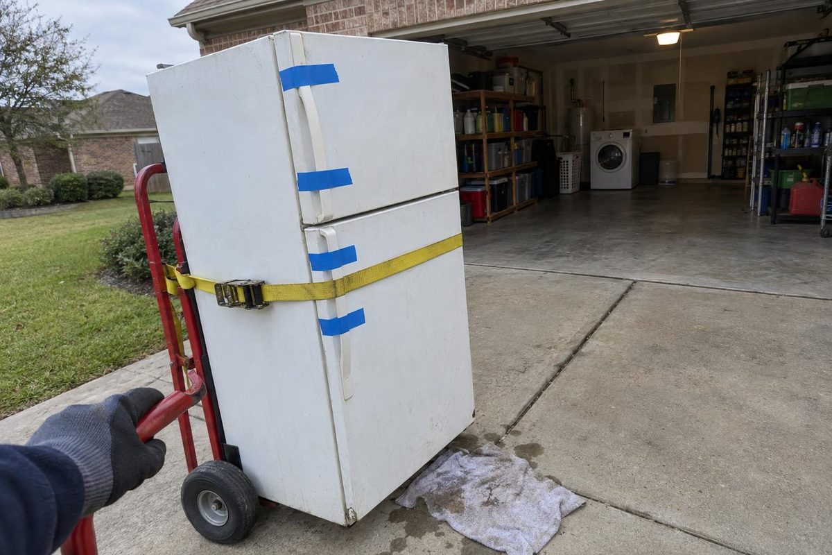 A white refrigerator strapped to a hand truck on a driveway, its doors taped shut