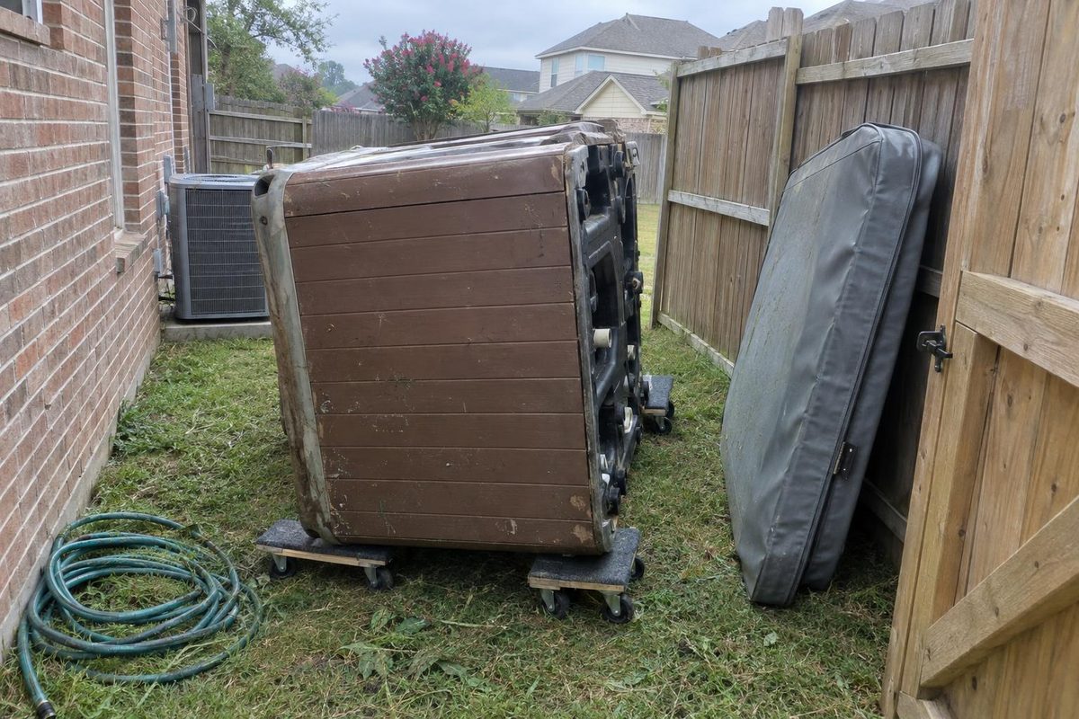 A hot tub tipped on its side on heavy dollies in a side yard, a wooden gate open behind it