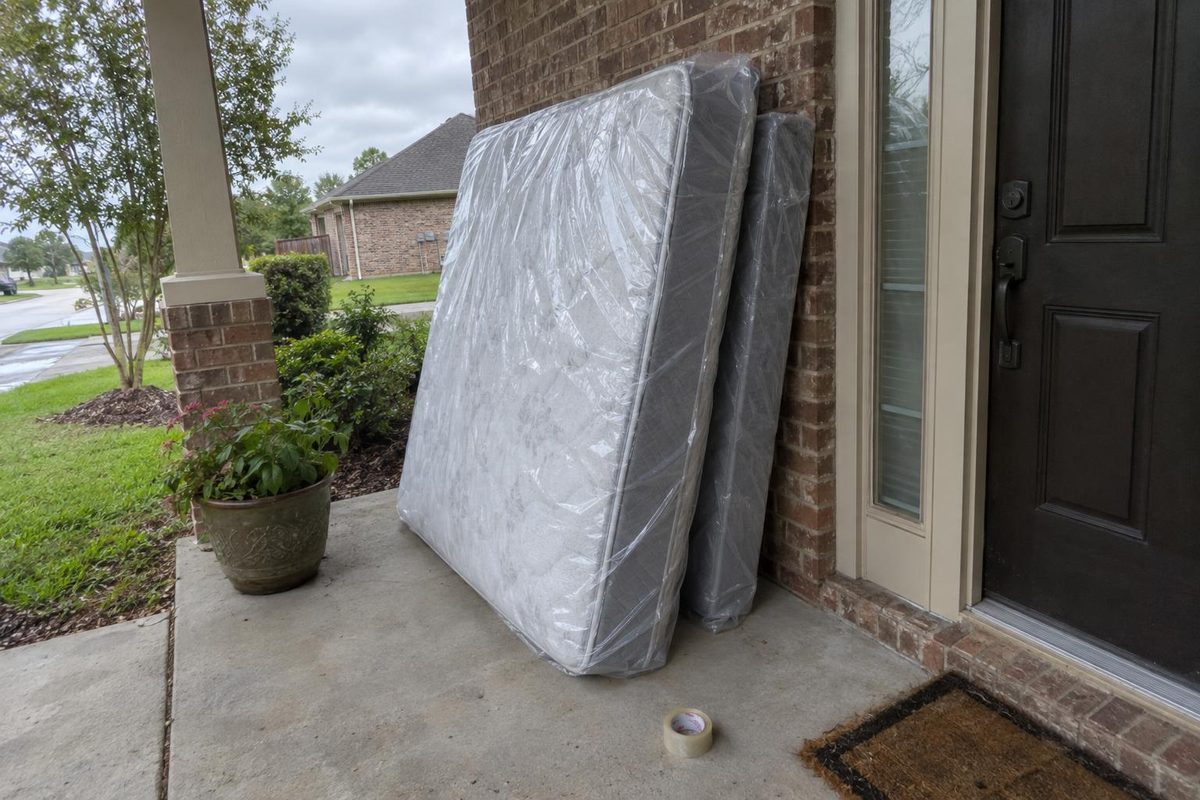 A queen mattress in a clear plastic bag leaning against a brick wall on a front porch