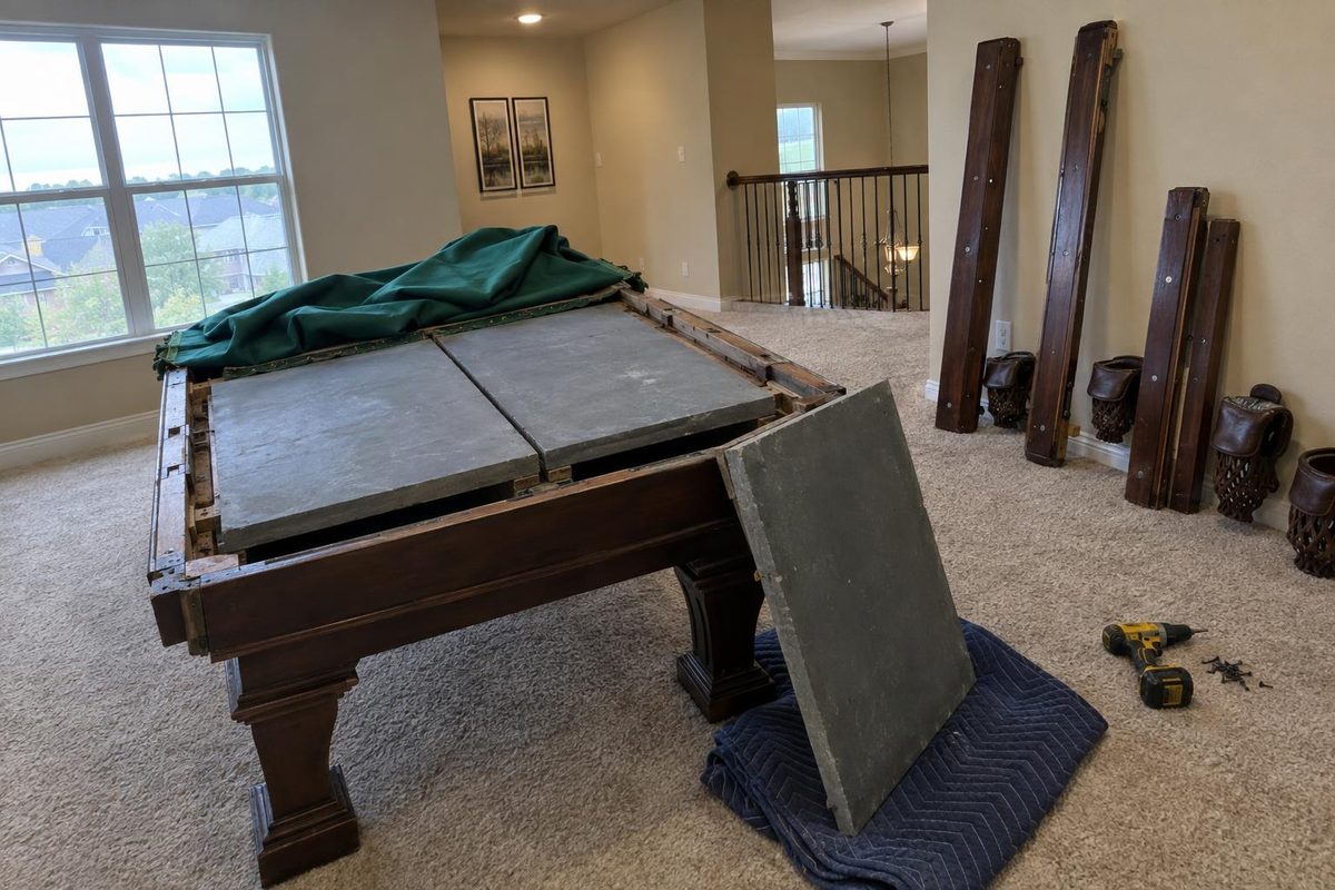 A pool table with its felt pulled back and the gray slate sections lifted, rails leaning against a wall