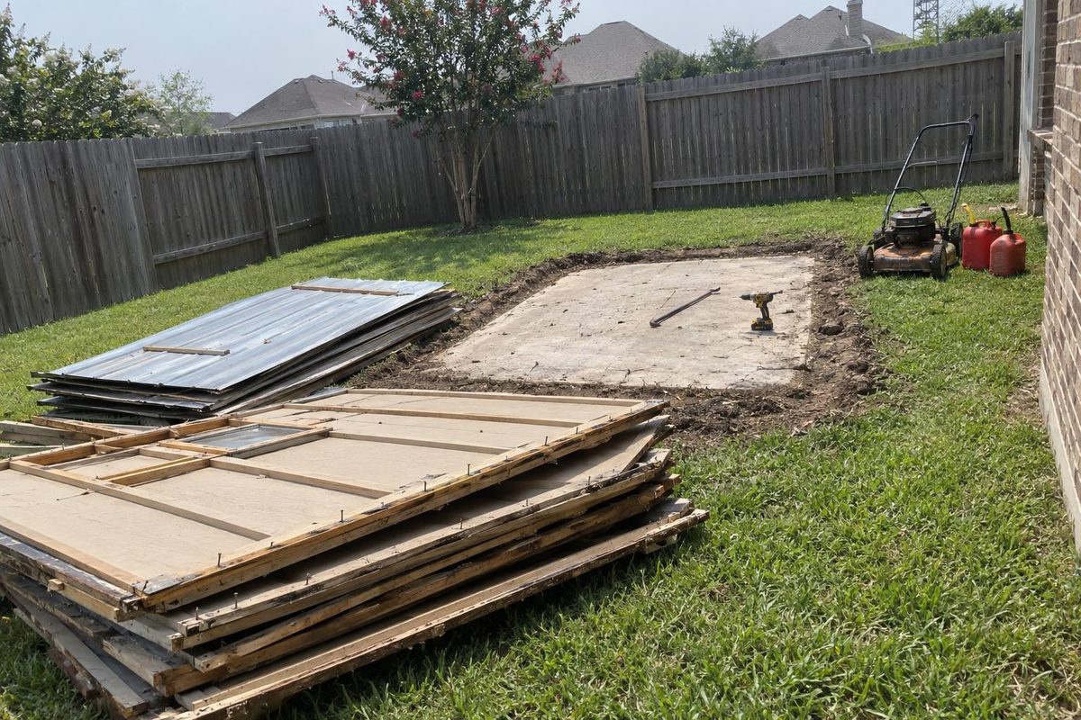 Wall panels and roof sheets from a small backyard shed stacked on the grass beside a bare concrete pad