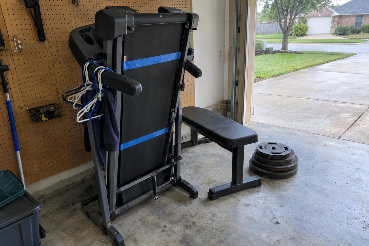 A folded treadmill and a flat weight bench in a garage near an open door
