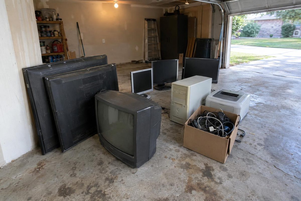 Several old flat-screen televisions and computer monitors stacked on a garage floor