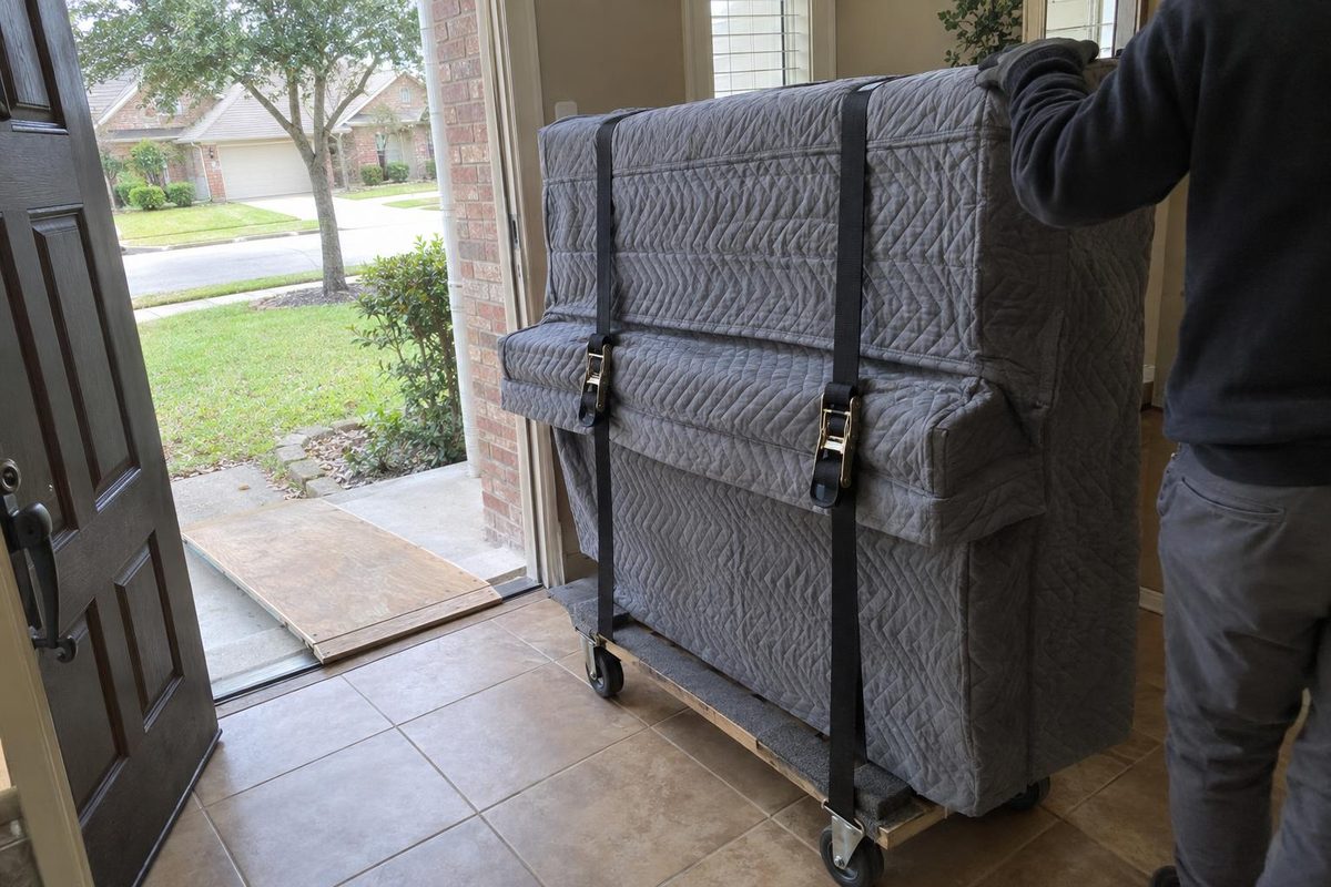 An upright piano wrapped in a gray moving blanket and strapped to a four-wheel dolly by a front door